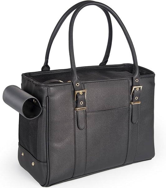 Fashion Pet Carrier Dog Purse Cat Bag Soft-Sided Carriers Travel Airline Approved, Stylish Leather Tote Handbag for Small Animal Puppy Kitten (Black)-PawvioPets