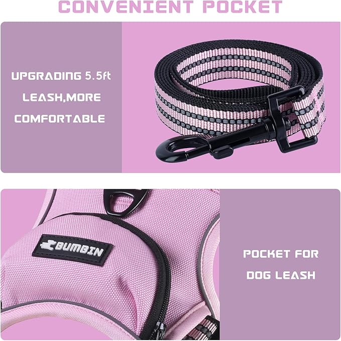 BUMBIN Dog Harness for Large Dogs, No Pull Adjustable No Choke Pet Vest with Dog Leash Fit Smart Reflective Pet Walking Harness for Training Easy Control Soft Handle Pink L-PawvioPets