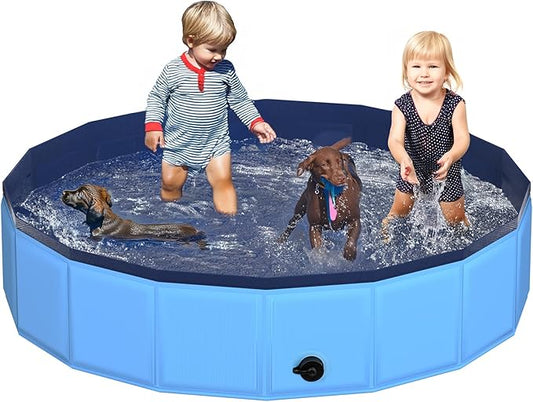 79" x 12" Foldable Dog Pool - Collapsible Hard Plastic Kiddie Pool for Dogs & Kids, Non-Slip Pet Bath Tub for Outdoor Backyard Use, Lightweight & Portable (Blue)-PawvioPets