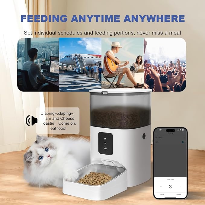 2.4G WiFi Automatic Cat Feeder, 4L Food Dispenser with 10s Voice Recorder, Pet Feeder up to 10 Meals per Day, Timed Cat Feeder with Dry Food Sealed Ring (White, 4L-WiFi)-PawvioPets