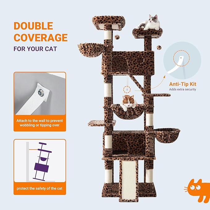 Allewie 81 Inches Tall Cat Tree/Multi-Level Large Climbing Tree House and Towers for Big Feline/Condo and Hammock/Scratching Post/Wide Base/Leopard Print-PawvioPets