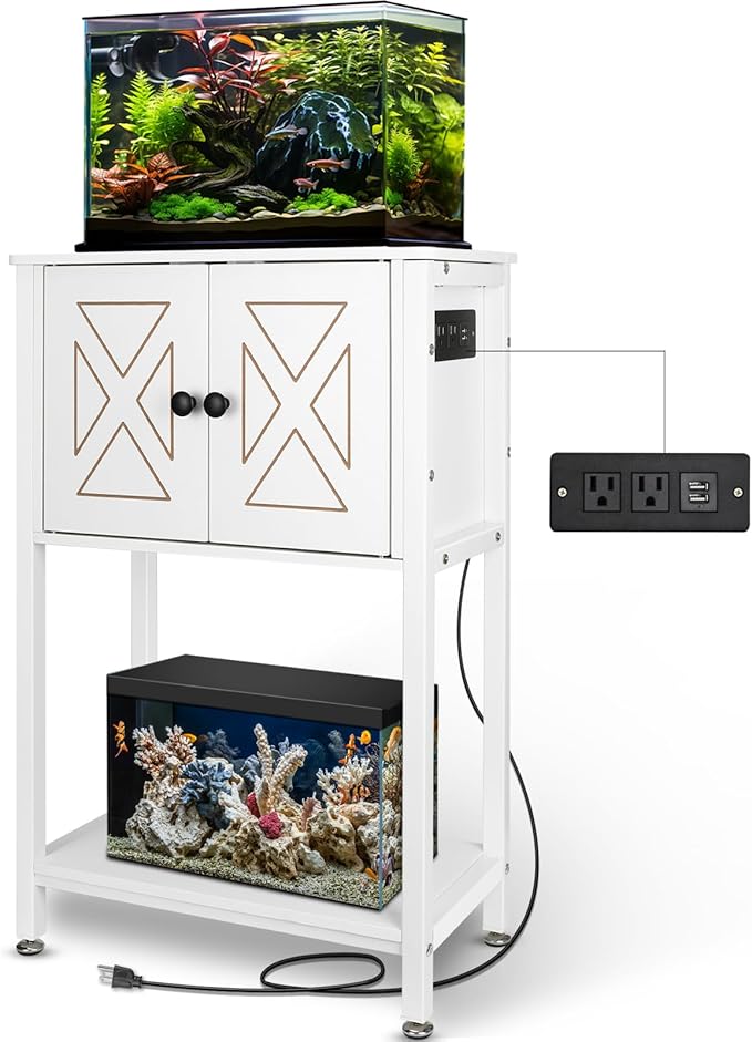 5-10 Gallon Fish Tank Stand, Heavy Duty Aquarium Stand with Cabinet & Power Outlets for Fish Tank Accessories Storage, Double Reptile Terrarium Stand 20.5" L* 11" W Tabletop, White-PawvioPets