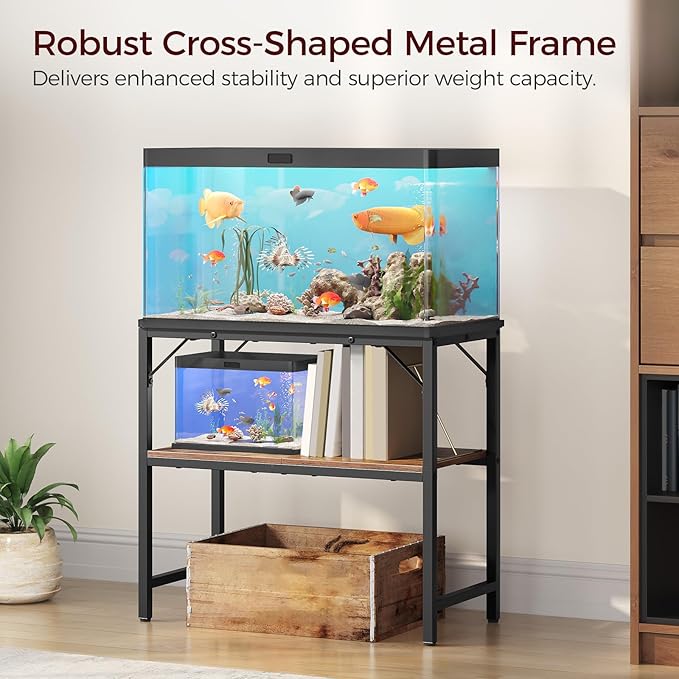 30 Gallon Fish Tank Stand, Aquarium Stand with 2-Tier Storage Shelves, Heavy Duty Breeder Turtle Terrarium Stand Rack for Home Office, 30.0" L x 11.8" W x 24.4" H, Rustic Brown FTHR3001-PawvioPets