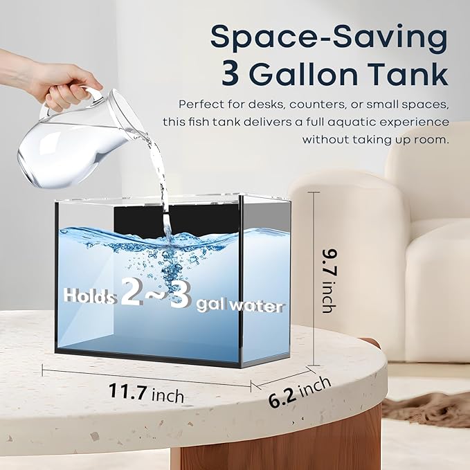 3 Gallon Glass Fish Tank Cube, Small Aquarium Fish Bowl for Betta Goldfish Snails Shrimp Aquatic Planting, Easy to Maintain Ultra Clear Rimless Design for Desktop Small Spaces-PawvioPets