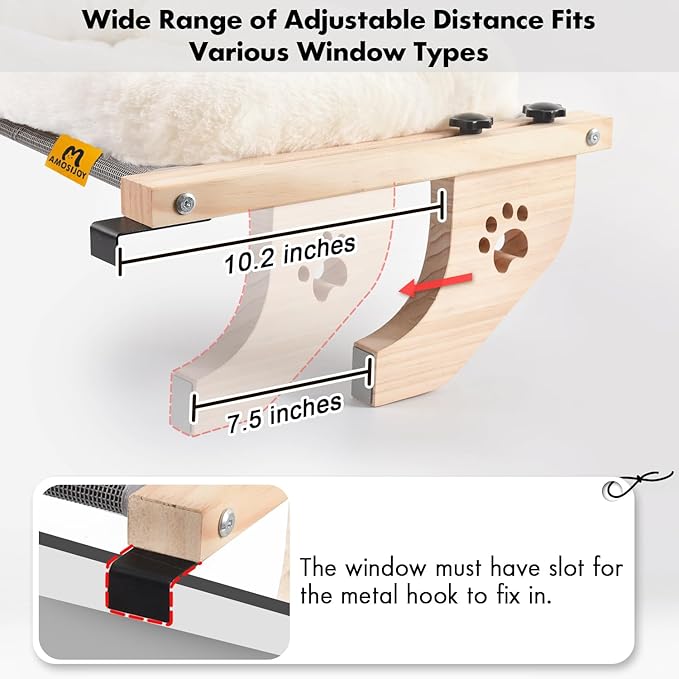 AMOSIJOY Cat Sill Window Perch Sturdy Hammock Seat with Cushion Bed Cover, Wood & Metal Frame for Large Cats, Easy to Adjust Windowsill, Bedside, Drawer and Cabinet (L)-PawvioPets