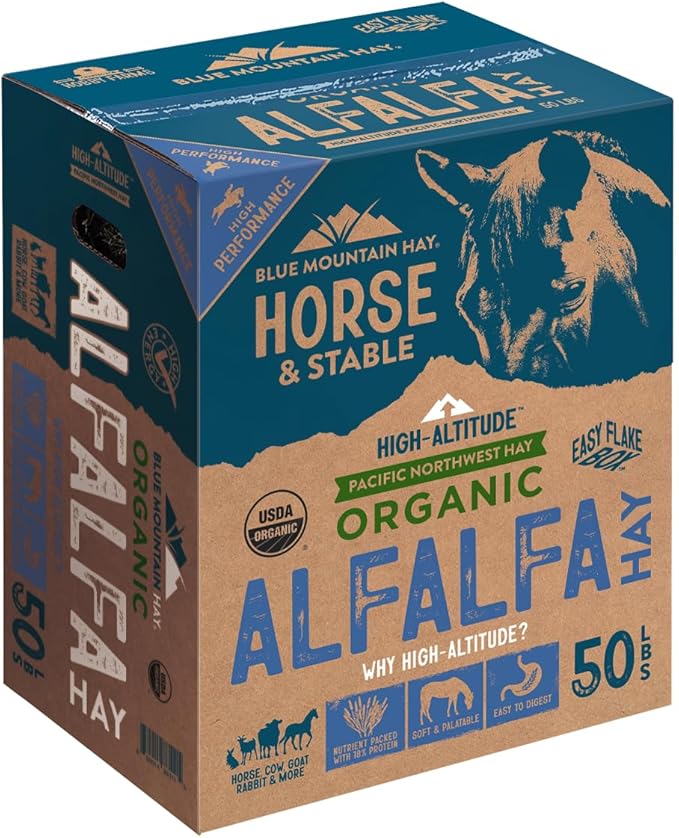 Blue Mountain Hay High-Altitude Organic Alfalfa Hay, 50lb Easy Flake Box - High Protein, Fiber & Mineral-Rich - High Leaf Retention - Ideal for Horses, Goats, Rabbits, Guinea Pigs & Other Small Pets-PawvioPets