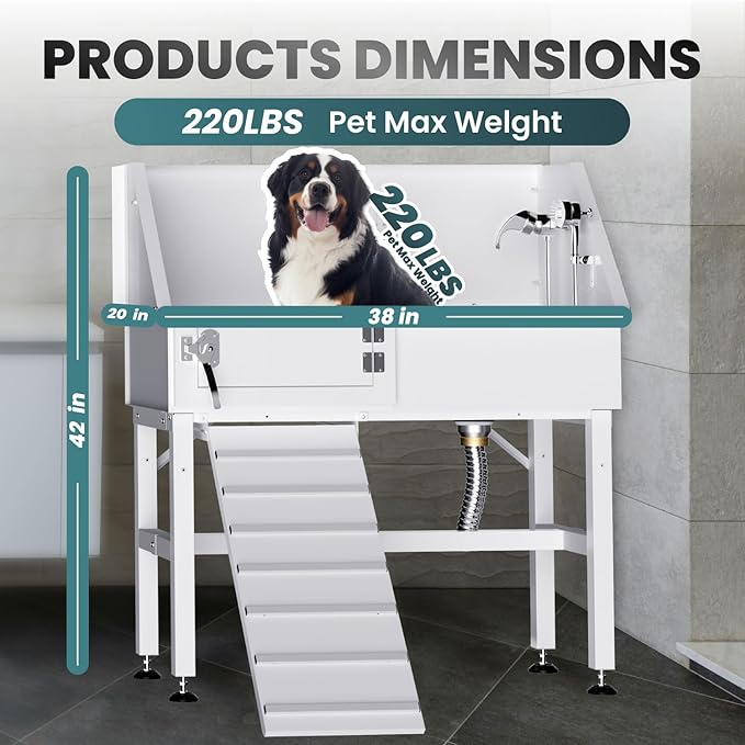 Dog Washing Station for Home, 38" White Professional Stainless Steel Dog Grooming Tub, Height Adjustable Dog Bathing Station, Upgrade Parts, Dog Bath Tubs for Small & Medium Dogs(Left Ramp)-PawvioPets