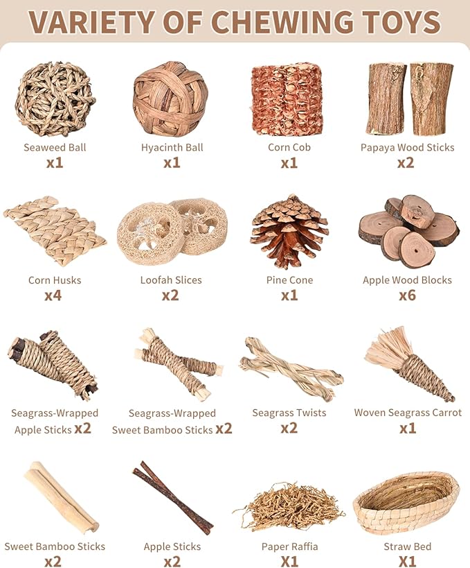 31PCS Rabbit Chew Treat Toys for Teeth Health, Natural Bunny Enrichment Toys for Boredom & Stress Relief, Keep Busy Toys for Guinea Pig Chinchilla Hamster Rat Gerbil Degu Indoor Outdoor-PawvioPets