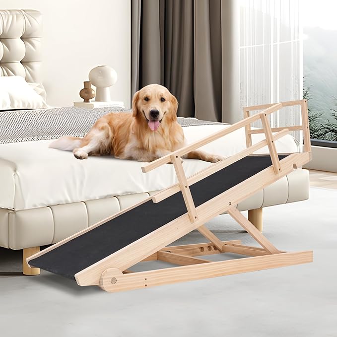 Folding Wooden Dog Ramp for Bed, Couch & Car,45IN Long- 5 Level Adjustable Pet Ramp, Non-Slip Rubber Mat, 17.7'' Extra Wide - Supports Small & Large Senior Dogs & Cats up to 200 lbs-PawvioPets