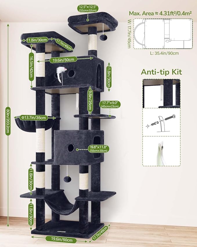 Globlazer Large Cat Tree Tower Condo, 80in Tall Cat Tree for Multiple Indoor Cats Large Adult, XXL Big Cat Climbing Tower with Cat Caves, Sisal Scratching Posts, Top Perches, Hammock, S80B, Dark Gray-PawvioPets