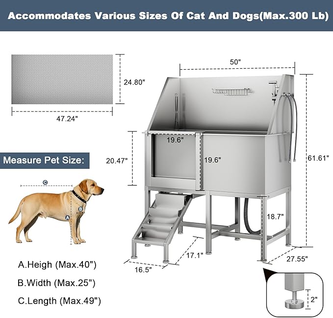 50" Dog Bathtub for Large Dogs, Professional Dog Washing Station with Wash Tub Attachment, Bath Pool for Outdoor, Indoor Shower and Grooming (50" Left Door)-PawvioPets