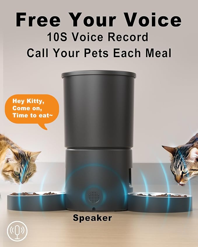 Dual Automatic Cat Feeder 2 Cats,6 Meals/Day,12 Portions/Meal,4.2L Dual Power Double Bowls Feeder,Dry Food Auto Pet Dispenser,10S Voice Record,Flexible Schedule Timer (Black,Stainless Dual Bowls)-PawvioPets