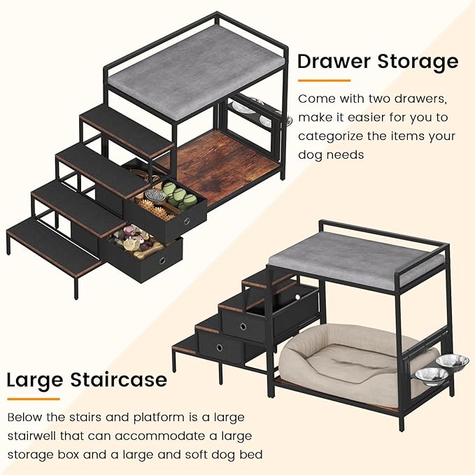 Dog Window Perch with 360° & Adjustable Raised Feeder, Pet Bunk Bed with Removable Stair and 2 Drawers, Elevated Platform Bed, Pet Elevated Seat with Cushion, Paw-Friendly Ladder-PawvioPets