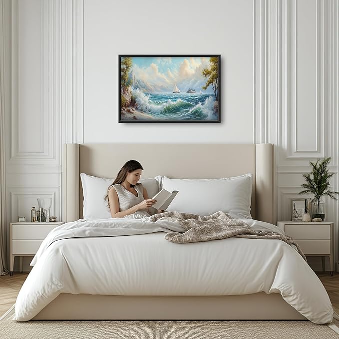 Framed Large Sailboat Wall Art for Living Room, Oversized Sea Coastal Wall Decor Beach Nautical Canvas Painting Seascape Pictures Home Decoration for Living Room Bedroom Office 36"x24"-PawvioPets