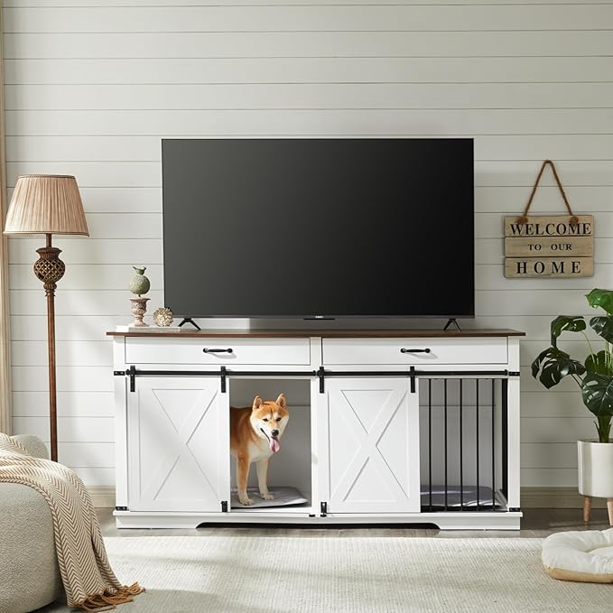 EDYO LIVING 72.5" Large Dog Crate Furniture for 2 Dogs, Wooden Dog Kennel with Drawers, Divider, Sliding Barn Door, Water Resistant Indoor Furniture Style Double Dog Crates, White-PawvioPets