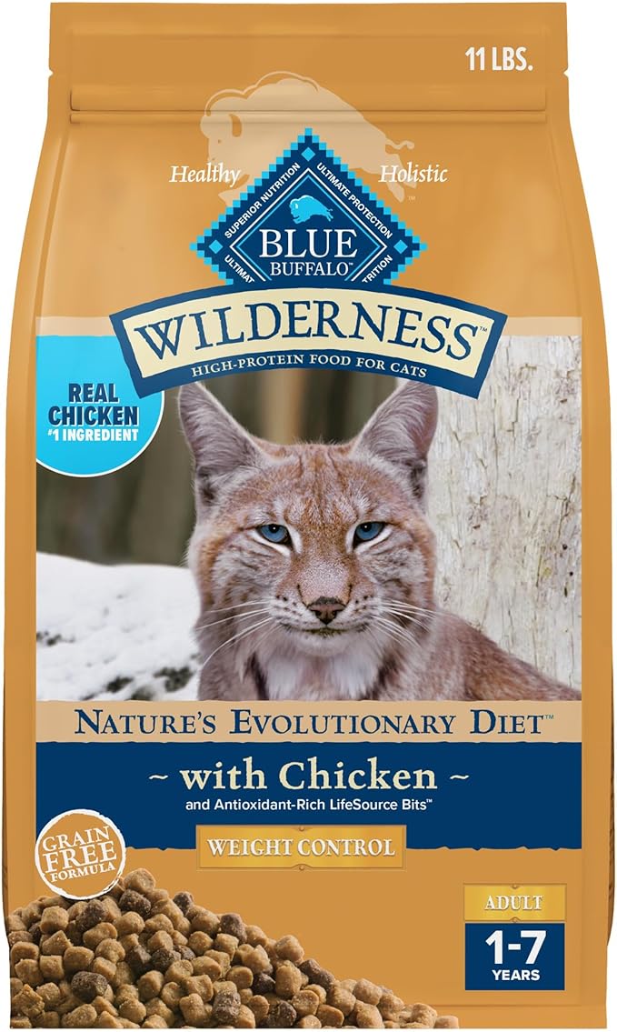 Blue Buffalo Wilderness High-Protein, Grain-Free Natural Dry Food for Adult Cats, Weight Control, Chicken, 11-lb Bag-PawvioPets