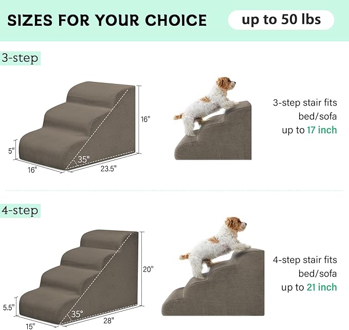 Dog Steps for Small Dogs, 3-Step Pet Ramp Stairs for High Beds and Sofa, Non-Slip Pet Stairs for Small Dogs and Cats, Removable and Easy to Clean Cover, Light Brown-PawvioPets