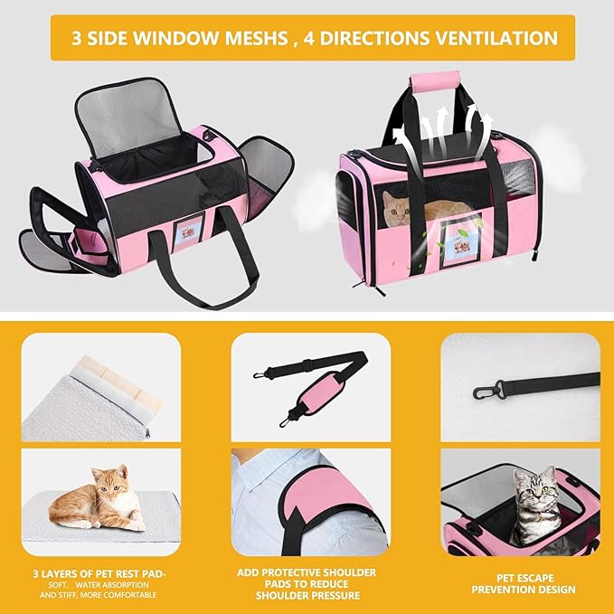 Cat Carriers Soft Side Carrier for Kitten Puppy Collapsible Travel Pet Carrier TSA Airline Approved Cat Carrier Bag for Under 15 lbs Pets, Pink-PawvioPets