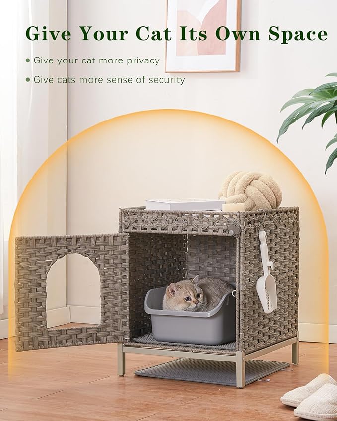 Cat Litter Box Enclosure Hidden Litter Box Furniture with Metal Heightened Feet, Rattan Handwoven Cat House with Litter Mat, Hidden Litter Box Furniture for Bedroom Living Room Gray-PawvioPets