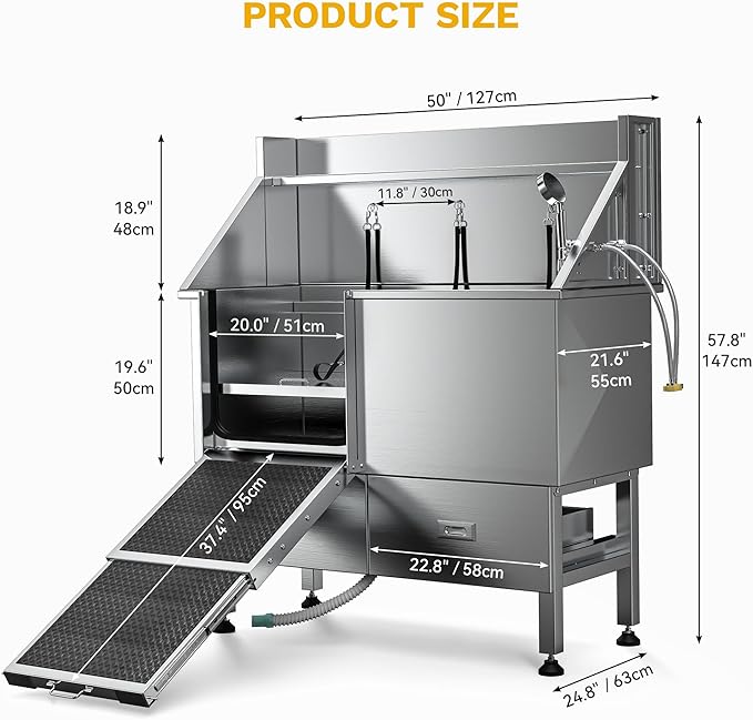 DWVO Professional Dog Bathing Station Stainless Steel 304 Pet Bathtub, 50in Dog Grooming Tub w/Right Door Ramp, 2 Storage Drawers, Grate, Pet Washing Station for Large, Medium, Small Pets-PawvioPets