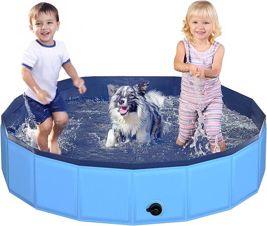 55.1" x 12" Foldable Dog Pool - Collapsible Hard Plastic Kiddie Pool for Dogs & Kids, Non-Slip Pet Bath Tub for Outdoor Backyard Use, Lightweight & Portable (Blue)-PawvioPets