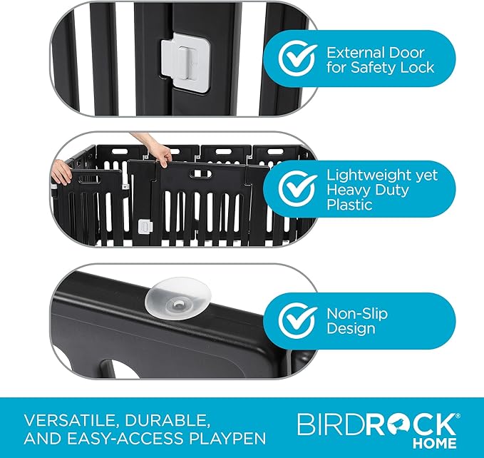 BIRDROCK HOME Dog Playpen w/Door, 12 Panel, 25.6in H | Strong Plastic, Non-Slip Puppy Playpen, Secure Pet Gate | Indoor Outdoor Fence | Configurable Panels | Small to Medium Pets - Black-PawvioPets