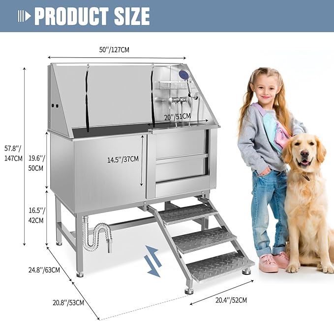 50" Pet Dog Bathing Station W/Ramp, Professional Stainless Steel Dog Grooming Tub W/Soap Box, Faucet,Rich Accessory, Dog Bathtub for Large,Medium,Small Pets, Washing Sink for Home (50" Right ramp)-PawvioPets