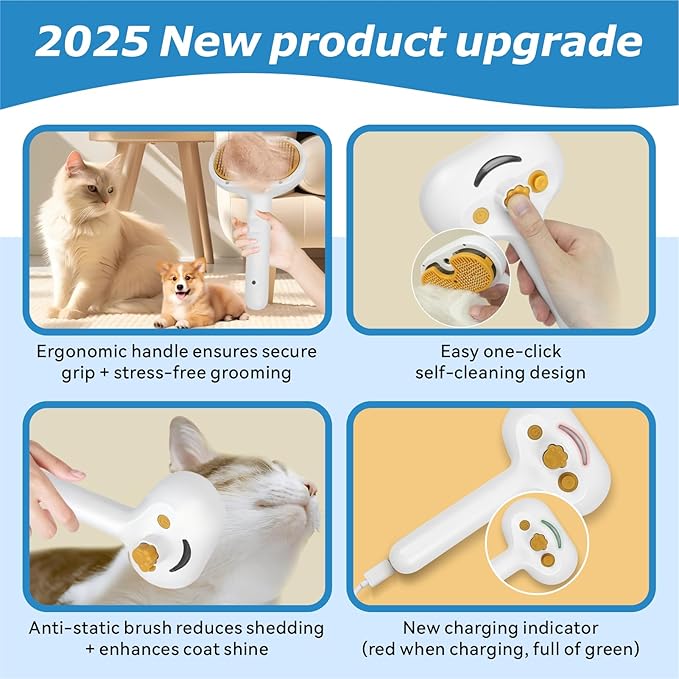 4-in-1 Pet Steam Brush for Dog & cat brush for shedding，Spray Hair Removal Comb with Waterless Shampoo–Self-Cleaning Pet Grooming Tool for Shedding, Anti-Static & Skin-Friendly Design-PawvioPets