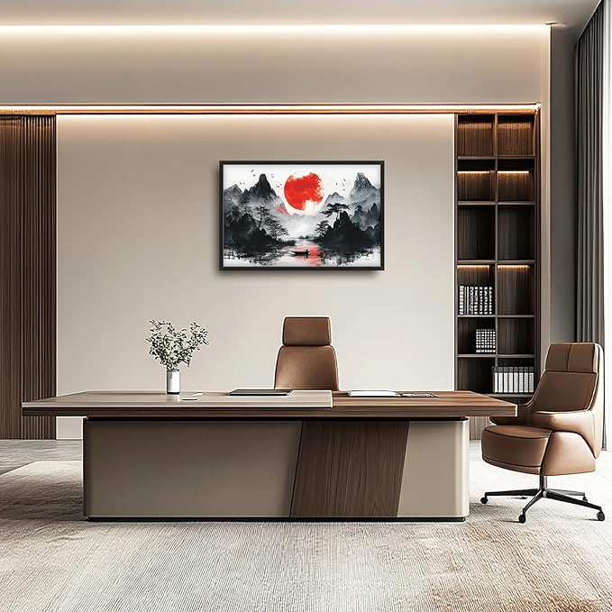 Framed Large Japanese Mountain Wall Art for Living Room, Oversized Asian Red Sun Lake Landscape Wall Decor Nature Canvas Painting Home Decoration for Living Room Bedroom Office 36"x24"-PawvioPets