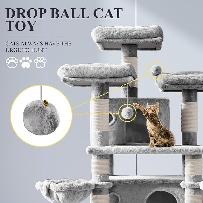 Allewie 68 Inches Cat Tree/House and Towers for Big Feline/Scratching Post/Multi-Level Large Kitty Climbing Tree with Condo/Light Grey-PawvioPets