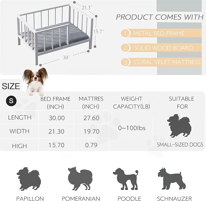 Dog Bed with Rails - Elevated Pet Metal Bed Frame with Solid Wood Board and Washable Soft Mat for Small Dog Indoor or Outdoor Use, 21.3" x 30 ", White-PawvioPets