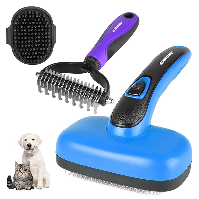 Dog Brush Kit – 3 PCS Grooming Set with Self-Cleaning Brush, Undercoat Rake & Pet Bath Brush. Great for Shedding, Tangles & Dirt Removal – Ideal for Long & Short Haired Dogs & Cats, Blue-PawvioPets