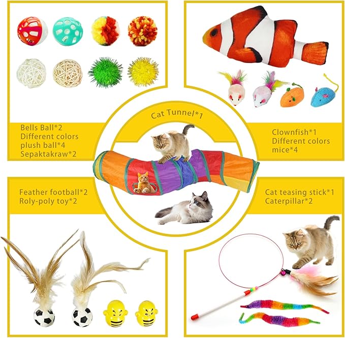 21-Piece Cat Toys Set, Interactive Tunnel, Balls, Mice, Feather Wands, Catnip Toys(Rainbow Cat Tunnel)-PawvioPets