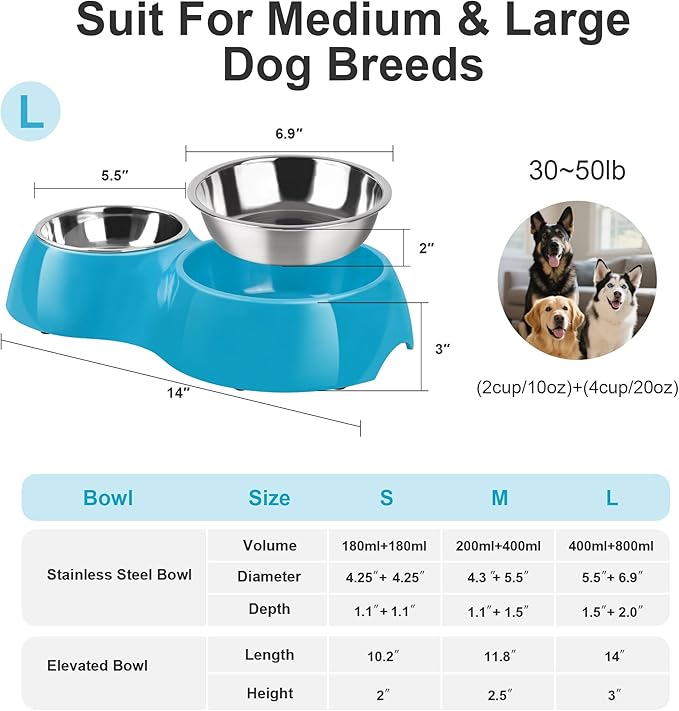 Elevated Dog Bowls Set - Non-Slip Raised Pet Feeder with Medium (2 Cups) & Large (4 Cups) Stainless Steel Bowls - Includes Durable Resin Stand for Puppies, Adult Dogs & Cats - Blue-PawvioPets