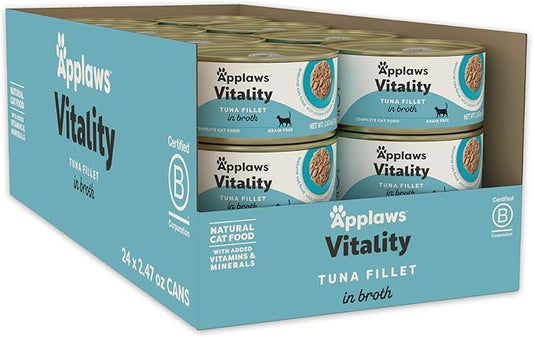 Applaws Vitality Wet Cat Food in Broth, Natural Canned Cat Food, Wet Food for Cats with Added Vitamins and Minerals, Grain Free, Carrageenan Free, Tuna Fillet in Broth (24 Count, 2.47 oz Cans)-PawvioPets