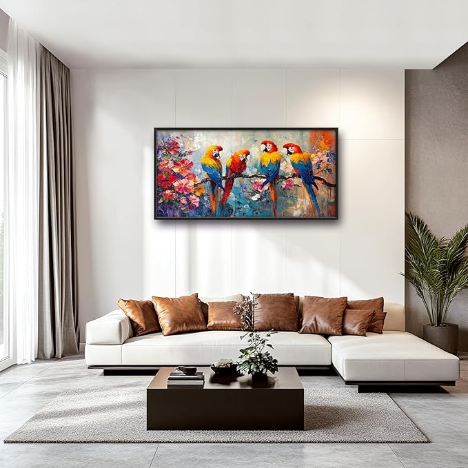 Extra Large Framed Parrot Bird Wall Art,Oversized Abstract Colorful Parrots Flower Wall Decor Pictures for Living Room,Canvas Print Painting Modern Artwork Bedroom Office Bathroom Home Decor 60L x30W-PawvioPets