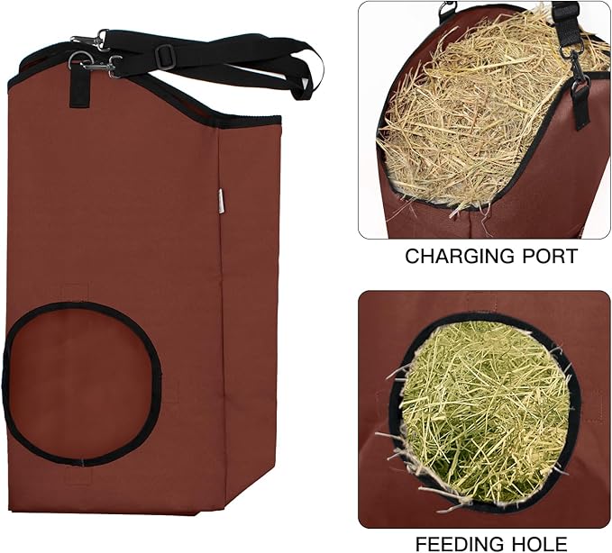 3 Packs Goat Hay Feeder,Hay Bags for Goats,Horses,Sheep,Premium 600D Oxford Cloth,with Metal Fastener and Adjustable Open Feed Hole for Slow Feeding. (2Brown + 1Black)-PawvioPets