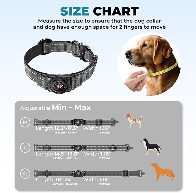 2025 Upgrade Airtag Dog Collar, Reflective Dog Collar with Airtag Holder, IP68 Waterproof| Metal Buckle| Ultra-Durable| Comfortable Padded, GPS Dog Collars for Medium Large Dogs (Black,M)-PawvioPets