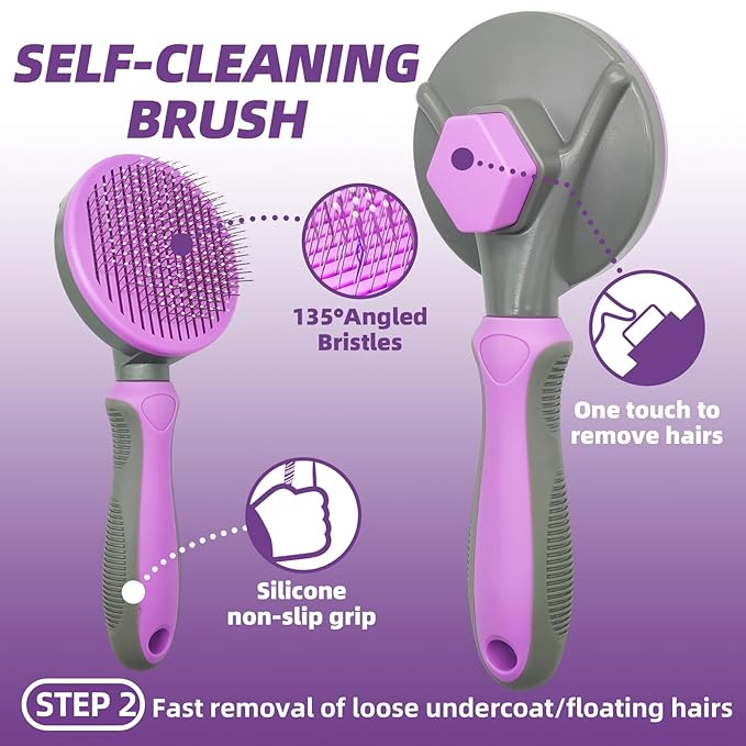 Dog Brush for Shedding, 7 PCS Dog Grooming Brush Kit Including Undercoat Rake, Slicker Brush, Dematting Comb, Nail Clipper, Bath Brush for Long & Short Haired Dogs, Cats - Purple-PawvioPets