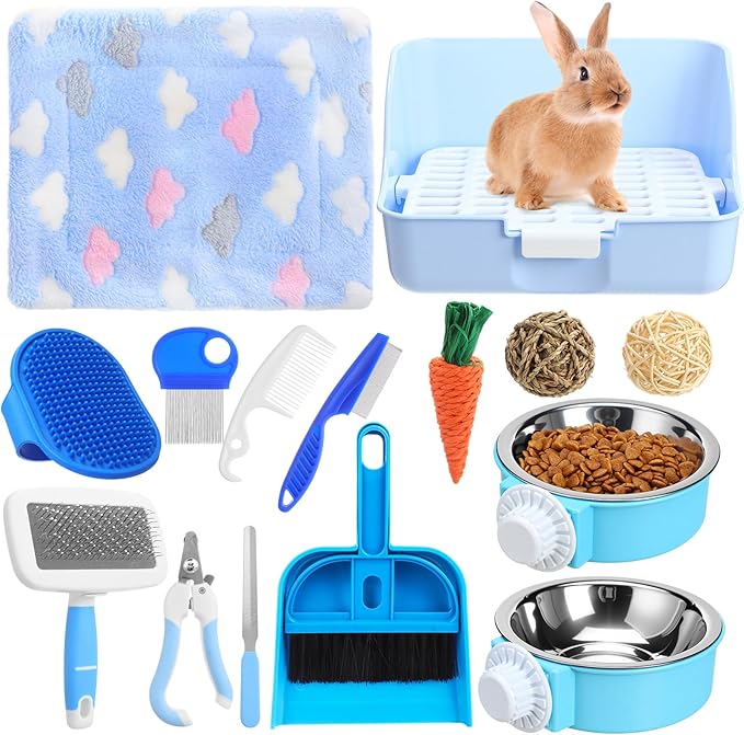 15 Pcs Rabbit Starter Kit Small Rabbit Litter Box Animal Grooming Kit Bunny Toys Bowl Blankets with Cleaning Set for Guinea Pig Accessories(Candy Blue)-PawvioPets