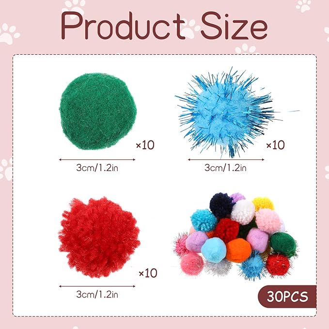 30 Pcs Cat Pom Pom Balls Assorted Color Sparkle Ball for Indoor Cats, Interactive Cats Toys Fuzzy Cat Balls Tinsel Glitter Chase Poms Poms Ball for Exercise and Entertainment-PawvioPets