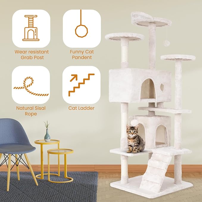54.7 inches Cat Tower for Indoor Cats, Multi-Level Cat Condos with Scratching Posts, Hanging Toys, Beige-PawvioPets