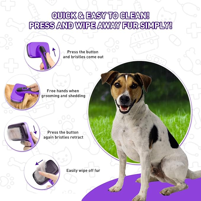 Dogs Cats Self Cleaning Slicker Brush for Shedding & Grooming Any Breed of Pets, Removes Loose, Undercoat, Mats, Tangled Hair for Small Medium Large Animal With Long Short Fur Length, Purple-PawvioPets