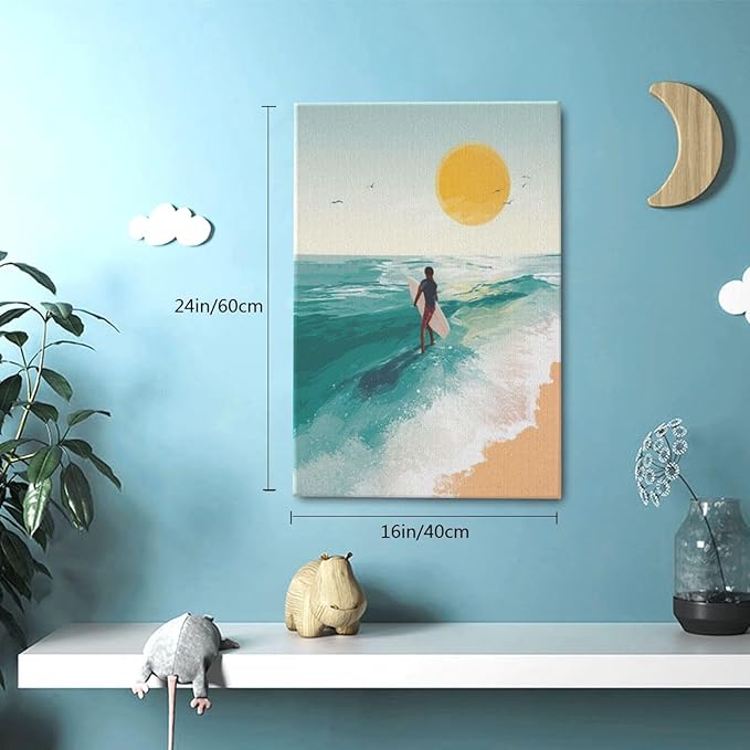 Beach Surfing Wall Art Ocean Coastal Wave Canvas Wall Decor Summer Nature Seascape Pictures Painting Print Framed Artwork Decorations for Bathroom Living Room Office Bedroom 16"x24"-PawvioPets