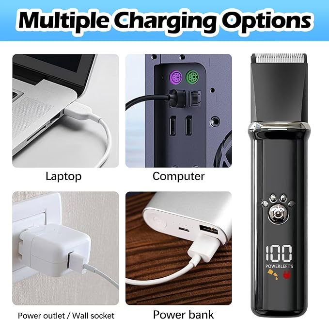 Dog Clippers Grooming Kit - Low Noise, Cordless Electric Trimmer with Nail Grinder for Dogs & Cats, 4 in 1 Rechargeable Clippers for Paws, Ears, Face and Matted Hair (Black)-PawvioPets