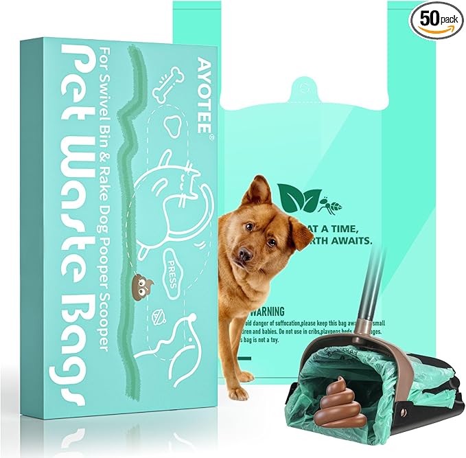 Compostable Dog Poop Bags for Swivel Bin & Rake Dog Pooper Scooper, AYOTEE Heavy Duty Poop Bags for Dogs Biodegradable,Tear-Free Large Dog Bags for Poop 50 Packs, Dog Waste Bags with Handles, Green-PawvioPets
