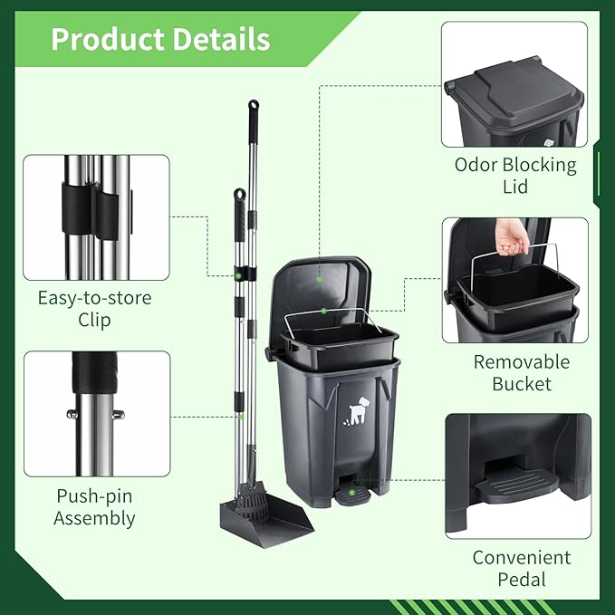 Dog Pooper Scooper, Dog Poop Trash Can Set with Removable Inner Bucket, Long Handle Rake, 150 Waste Bags, Easy Pick Up Poop Scooper, 20L Dog Poop Trash Bin for Small/Large Dog Families-PawvioPets