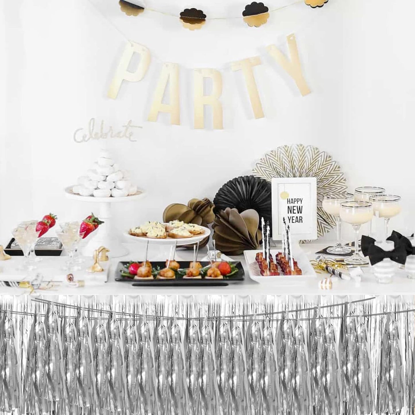 8P Silver Foil Fringe Metallic Tassel Streamers Banner Tassel Garland for Parade Floats, Bachelorette, Wedding, Birthday, Halloween, Christmas, Bridal/Baby Shower Party Decorations