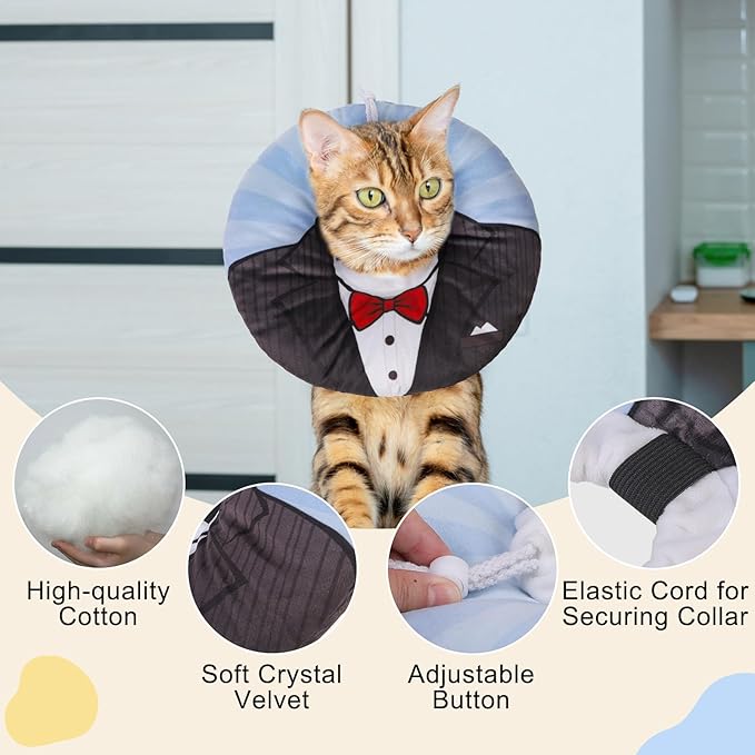 BEAUTYZOO Cat Cone Collar Soft, Cat Recovery E Collars After Surgery to Stop Licking, Adjustable Elizabeth Circle Collar Cute Pet Donut Pillow for Cats Kitten Puppy Small Dogs, Black Suit M-PawvioPets