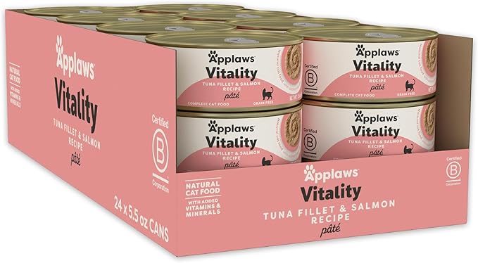 Applaws Vitality Wet Cat Food Paté, Natural Canned Cat Food, Wet Food for Cats with Added Vitamins and Minerals, Grain Free, Carrageenan Free, Tuna Fillet and Salmon (24 Count, 5.5oz Cans)-PawvioPets